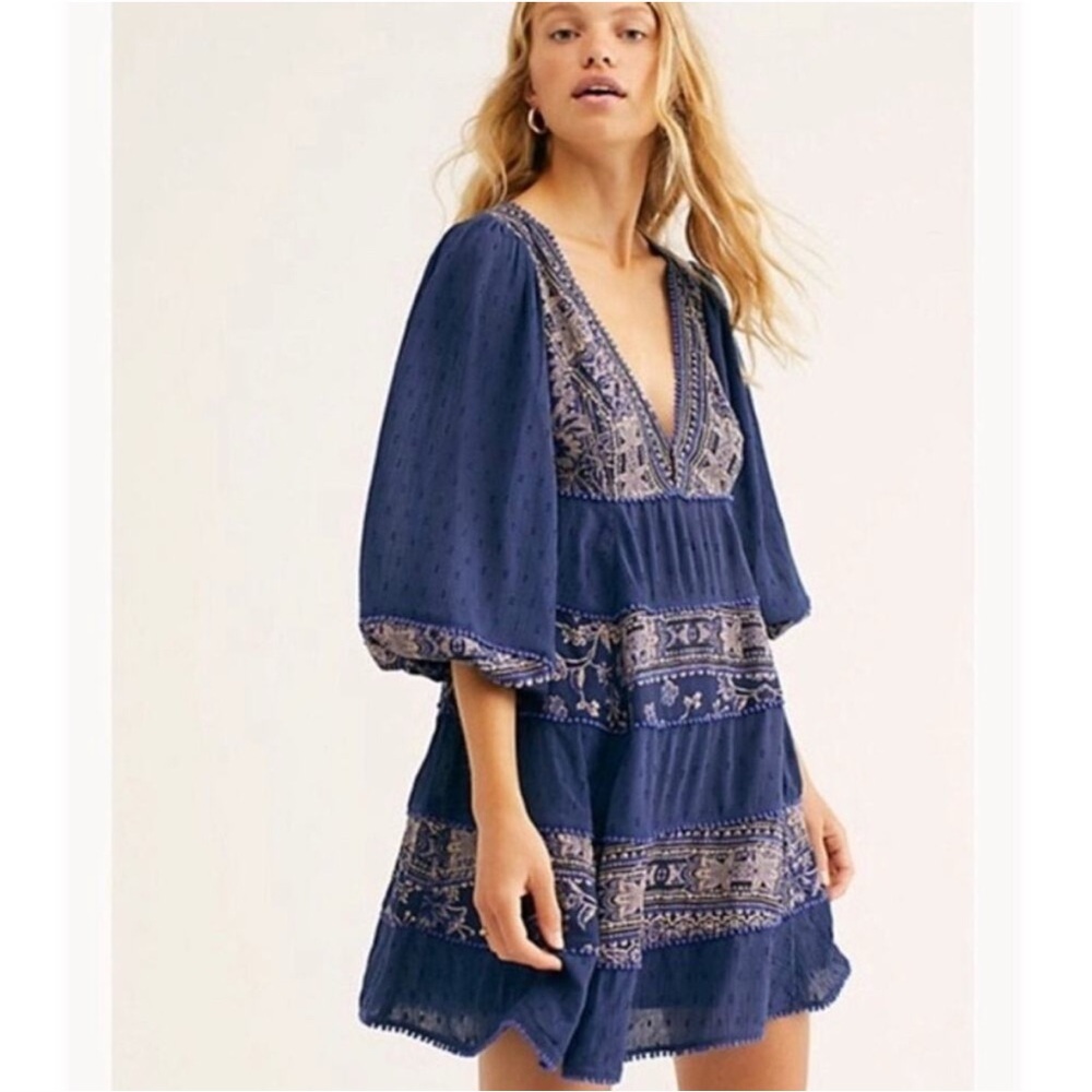 Free People Navy Blue Embroidered Mini Dress